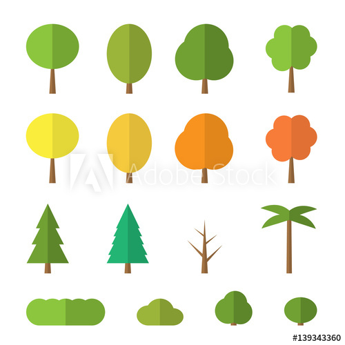 500x500 Vector Flat Trees On White Background. Various Trees With Green
