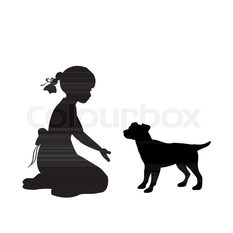 800x800 Silhouette Girl Sitting Knees Beckon Dog. Vector Illustration