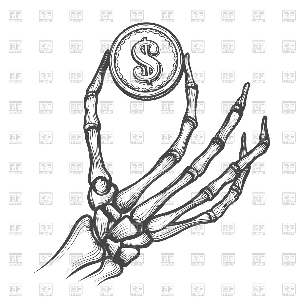 1200x1200 Skeleton Hand With Coin Hand Drawn Vector Image Vector Artwork