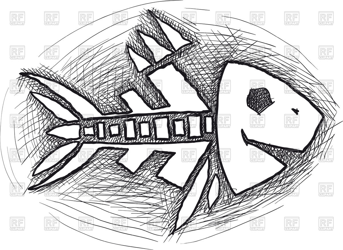 1200x876 Doodle Fish Skeleton Isolated On White Background Vector Image