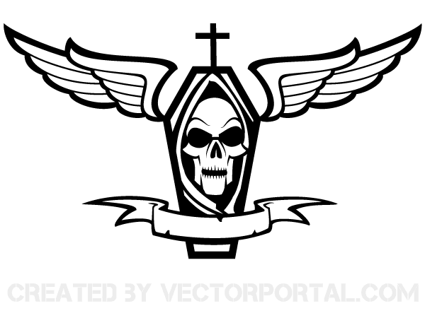 600x450 Vector Coffin With Cross, Skull, Wings And Ribbon 123freevectors
