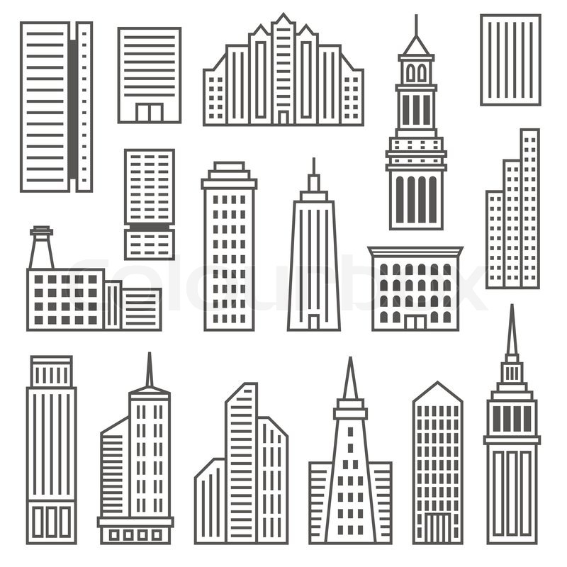 800x800 Skyscrapers Icons. Modern Vector Gray Silhouettes Of Buildings And