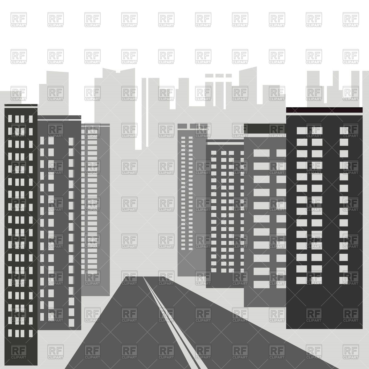 1200x1200 City Street In Downtown With Silhouette Of Skyscrapers Vector