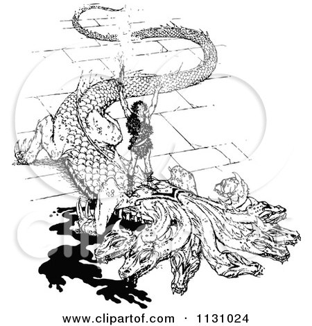 450x470 Clipart Of A Retro Vintage Black And White Dragon Slayer