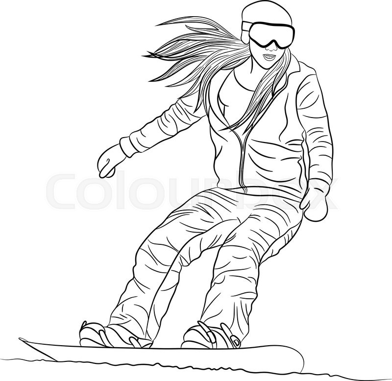 800x778 Girl Snowboarder Sliding Down. Outline Vector Illustration Eps8