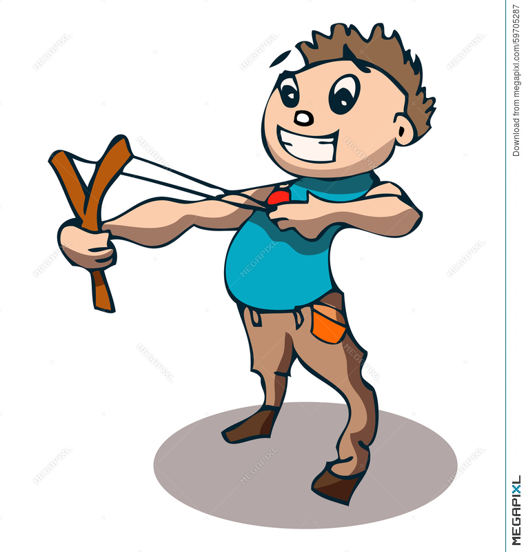 763x800 Young Boy With Slingshot, Vector Illustration Illustration