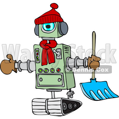 400x400 Clipart Of A Winter Robot With A Snow Shovel