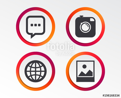 500x405 Social Media Icons. Chat Speech Bubble And World Globe Symbols
