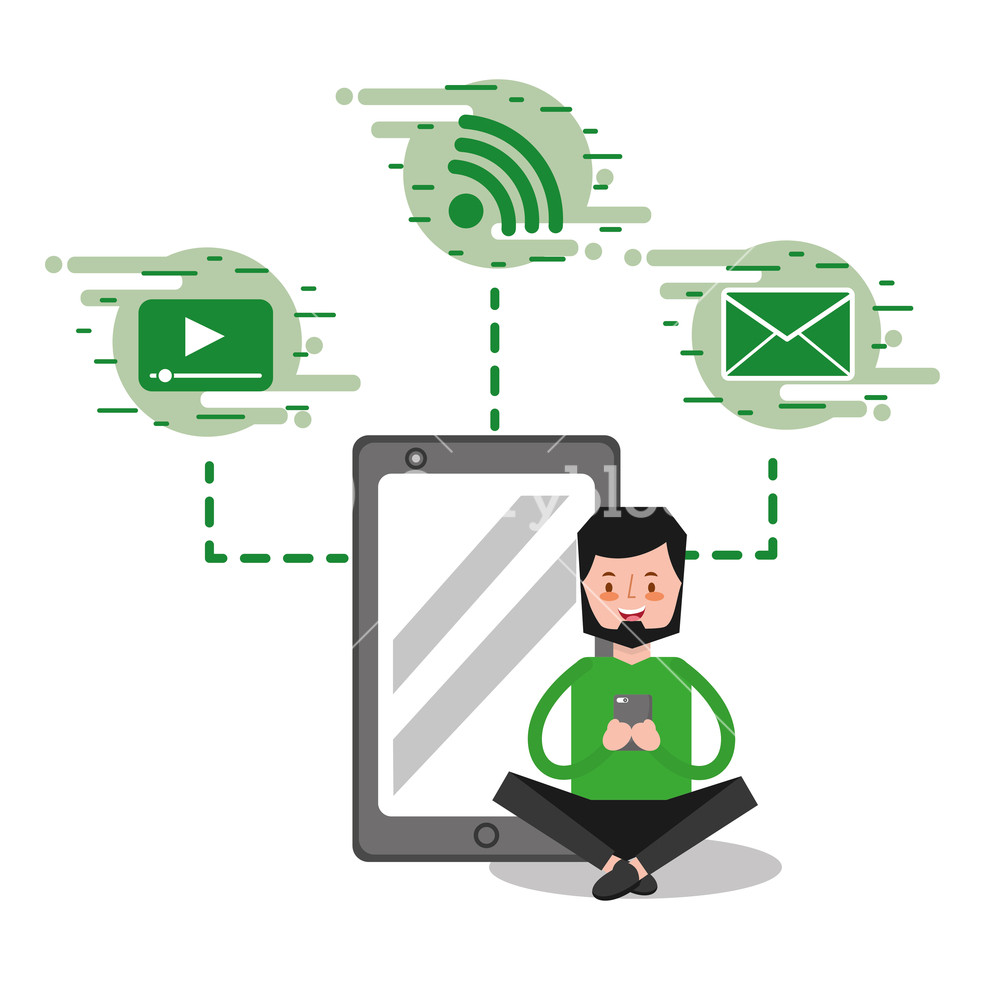 1000x1000 Man Sitting Legs Crossed And A Smartphone Back Social Media Icons