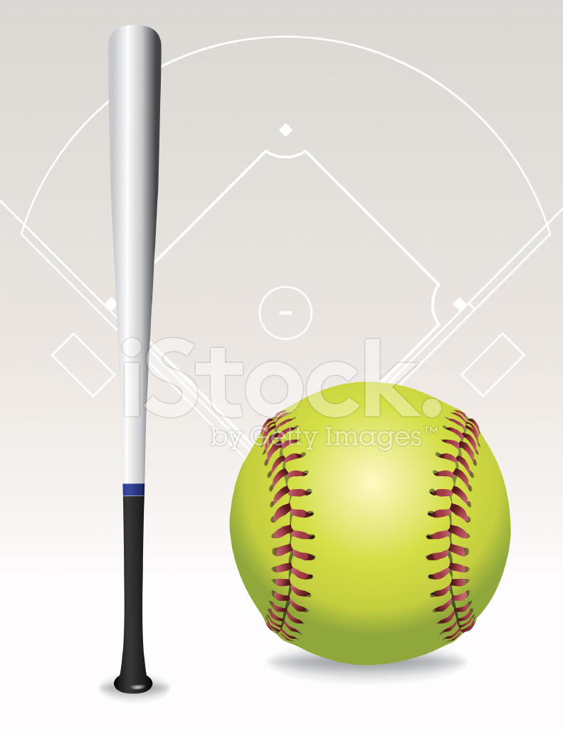 791x1024 Vector Softball Field, Ball, Bat Illustration Stock Vector