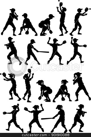309x464 Baseball Or Softball Silhouettes Kids Boys And Girls Stock Vector