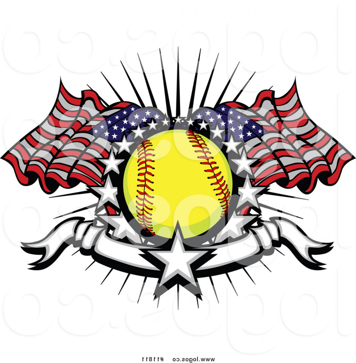 1228x1252 Royalty Free Vector Of A Softball And American Flags Stars And A