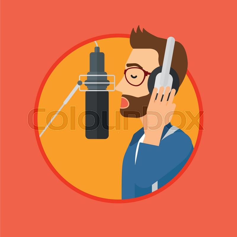 800x800 Young Man In Headphones Singing In Recording Studio. Hpster Singer