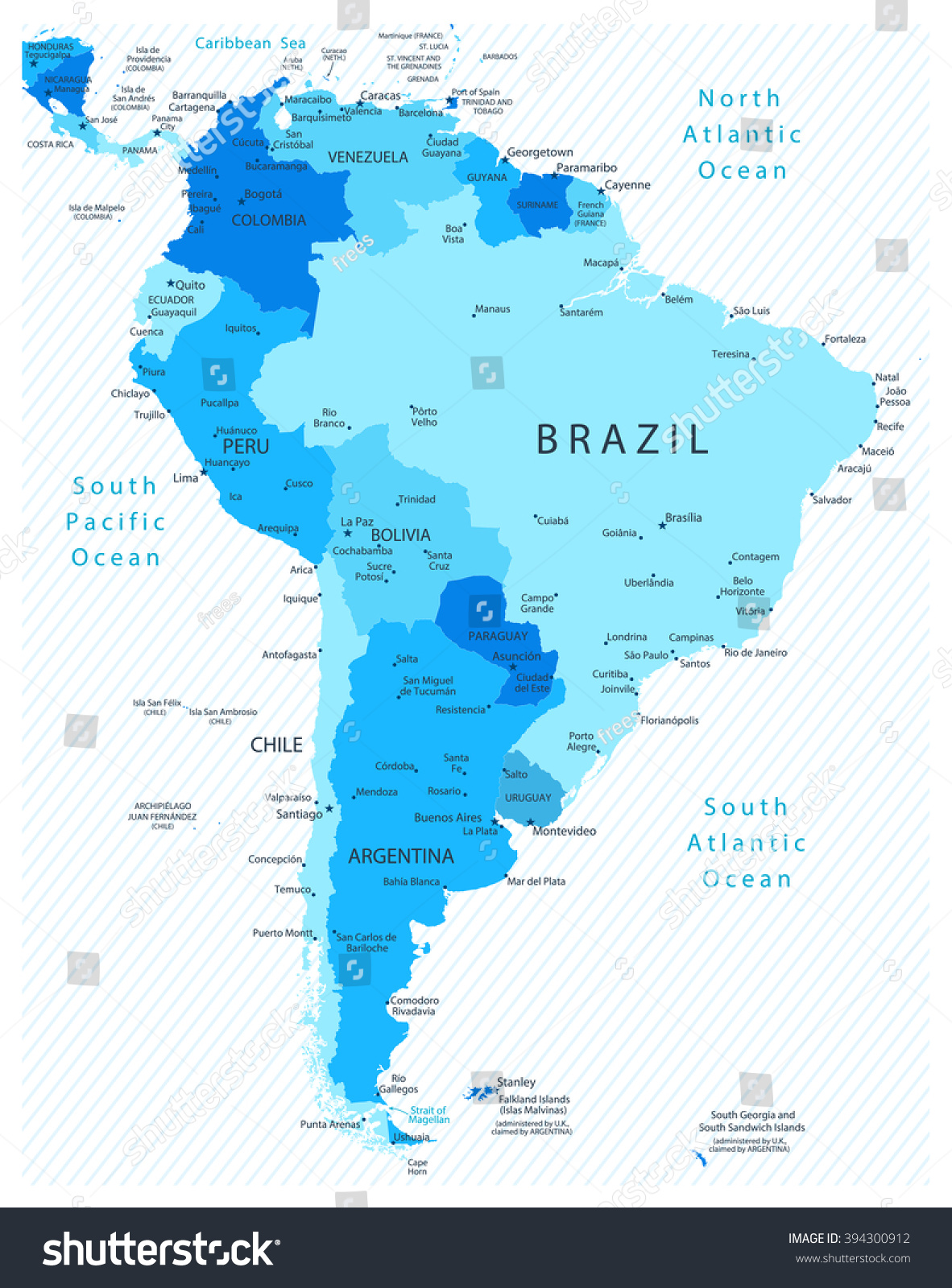 1182x1600 South America Detailed Map Blue Colors Stock Vector 394300912