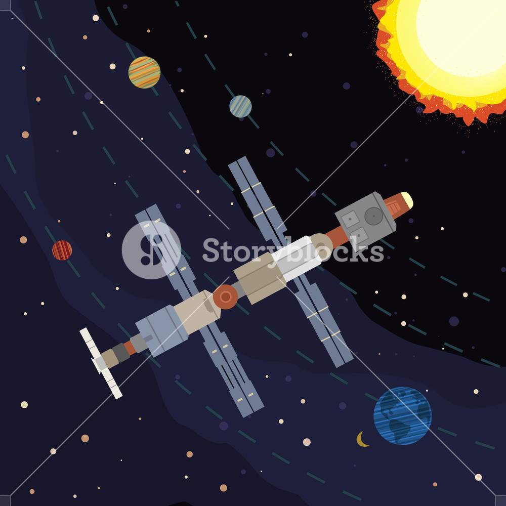 1000x1000 Outer Space Poster. Satellite Flight. Colorful Abstract Cartoon