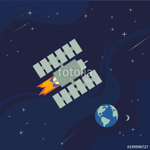 500x500 Outer Space Poster. Satellite Flight. Colorful Abstract Flat