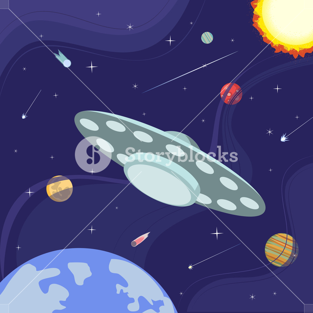 1000x1000 Outer Space Poster. Ufo Flight. Colorful Abstract Flat Cartoon
