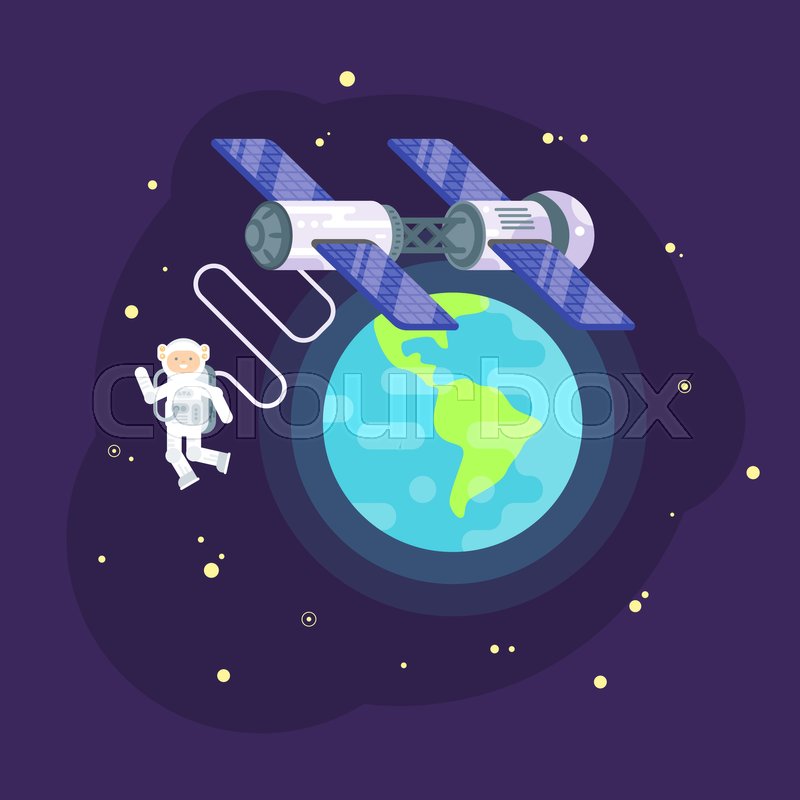 800x800 Vector Flat Style Illustration Of Space Station And Astronaut In