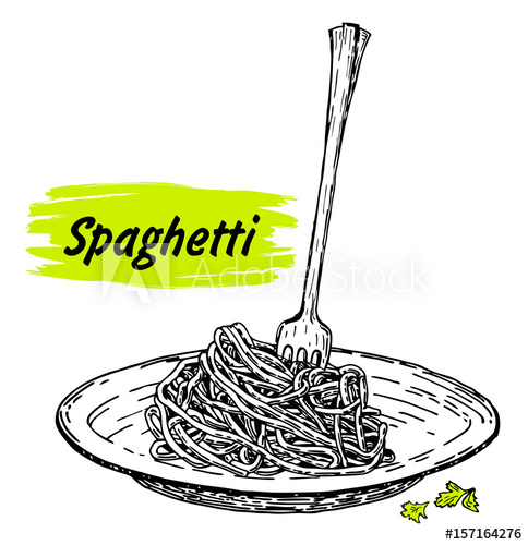 484x500 Pasta On Fork And Plate. Spaghetti. Vector Vintage Black