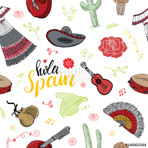 500x500 Spain Seamless Pattern Doodle Elements, Hand Drawn Sketch Spanish