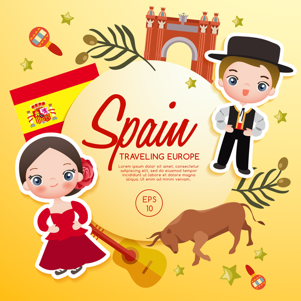 600x600 Spain Travel Cartoon Template Vector Free Download