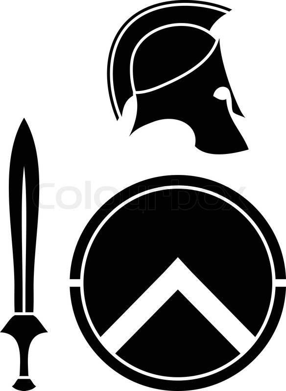 584x800 Spartans Helmet, Sword And Shield. Stencil. Vector Illustration
