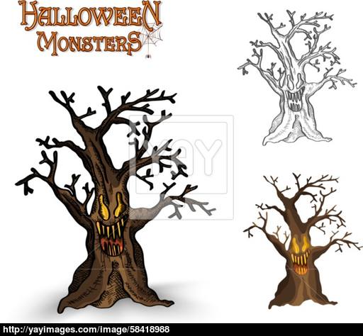 512x474 Halloween Monsters Spooky Tree Illustration Eps10 File Vector
