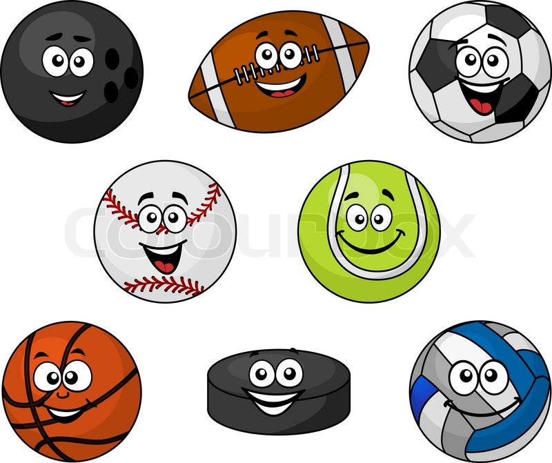 800x671 Set Of Cartoon Sports Equipment With A Bowling Ball, Rugby Or