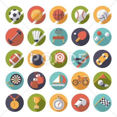 400x400 Circular Sports Icons Flat Design Vector Set. Collection Of 25