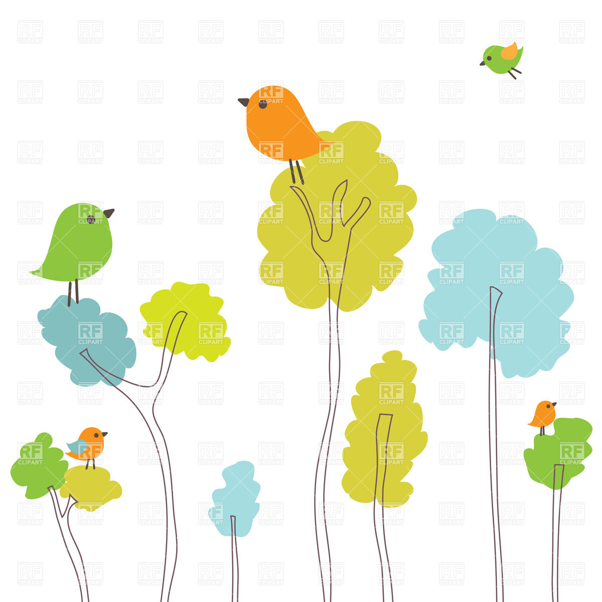 1200x1200 Simple Cartoon Spring Trees And Birds Vector Image Vector