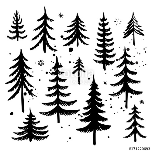 500x500 Set Of Hand Drawn Christmas Tree. Fir Tree Silhouettes. Vector