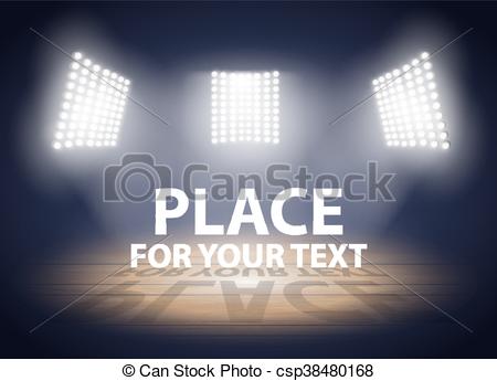 450x345 Stadium Lights. Three Spotlights On A Basketball Arena. Vector