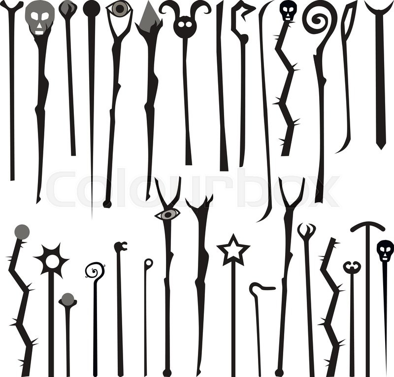 800x765 Set Magic Wooden Staff Silhouette Isolated On White Background