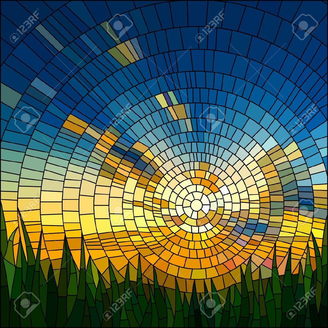 1300x1300 Stained Glass Vector Illustration Of Sunset In Blue Sky In Grass