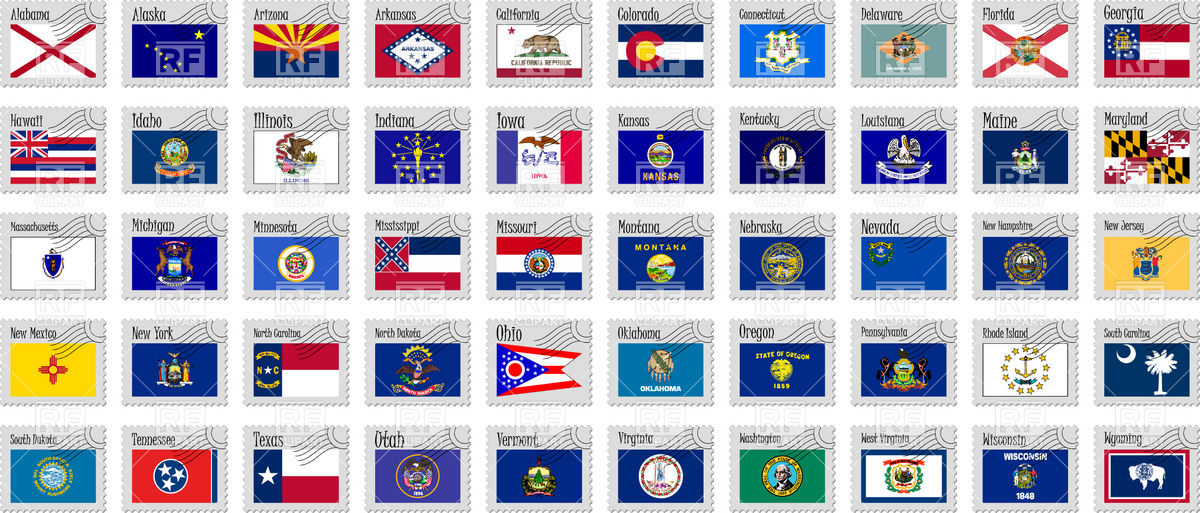 1200x513 Usa State Flags On Postage Stamps Vector Image Vector Artwork Of