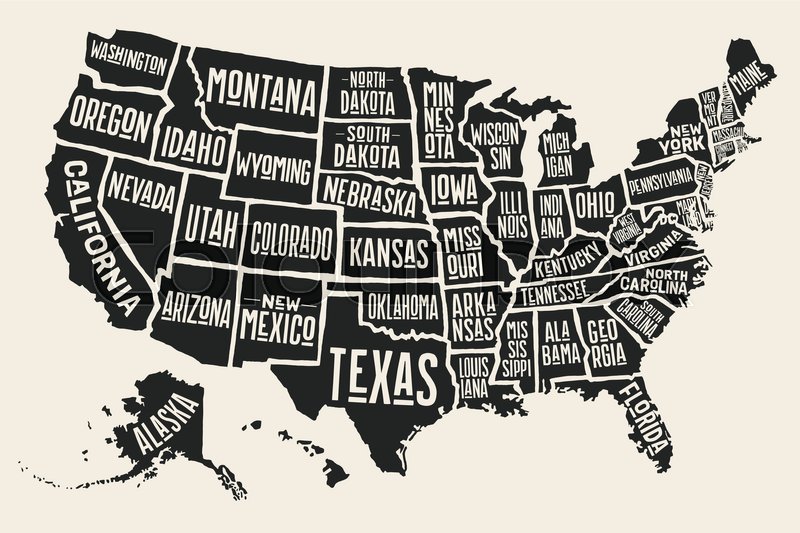 800x533 Poster Map Of United States Of America With State Names. Black And