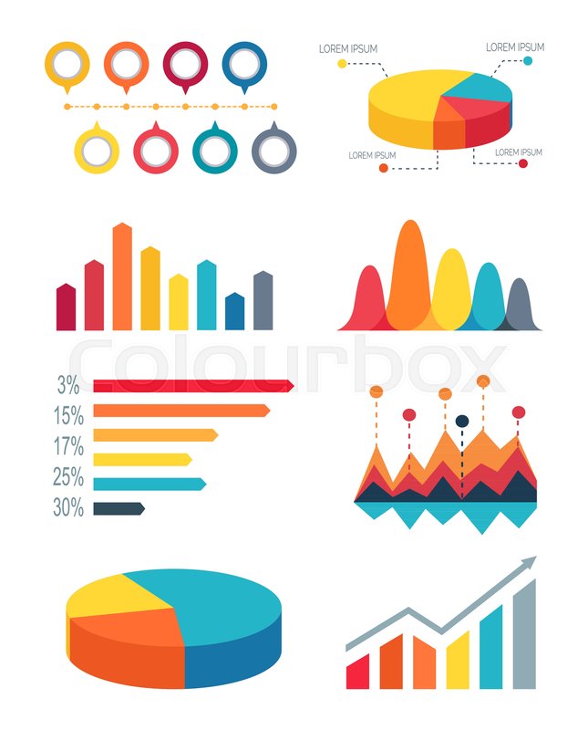 645x800 Set Different Colorful Bar Graphs And Pie Charts For Representing