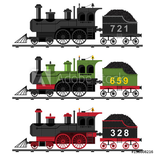 500x500 Old Steam Engine Train Vector Flat Set. Cartoon Illustration Of A