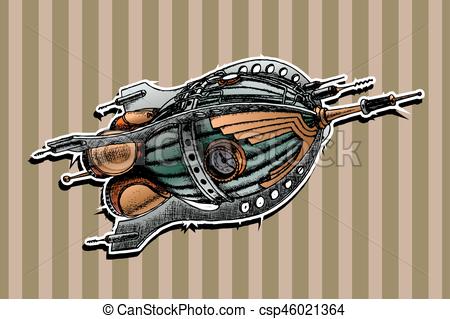 450x319 Steampunk Rocket. Vector Illustration. Painted By Hand.