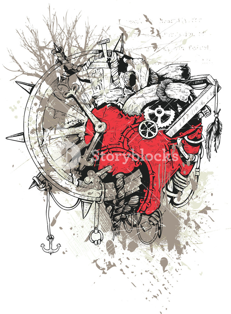 735x1000 Grunge Vector T Shirt Design With Steampunk Heart Royalty Free