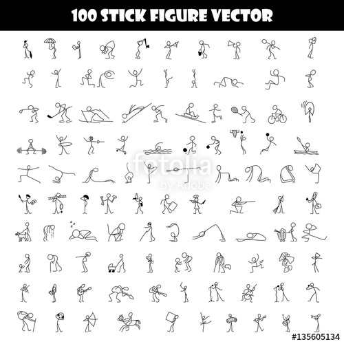 500x500 Cartoon Icons Set Of 100 Sketch Little People Stick Figure Stock