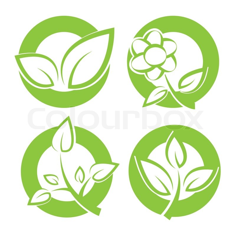 800x800 Set Of Green Leaves Round Stickers Vector Illustration Stock