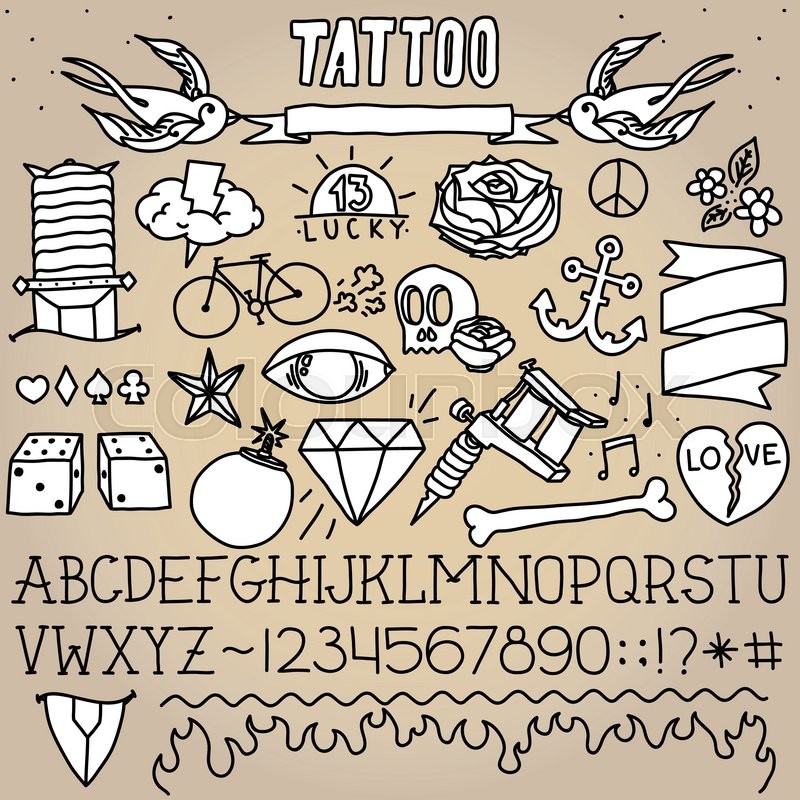 800x800 Old School Tattoo Objects Monochrome Vector Pack Stock Vector