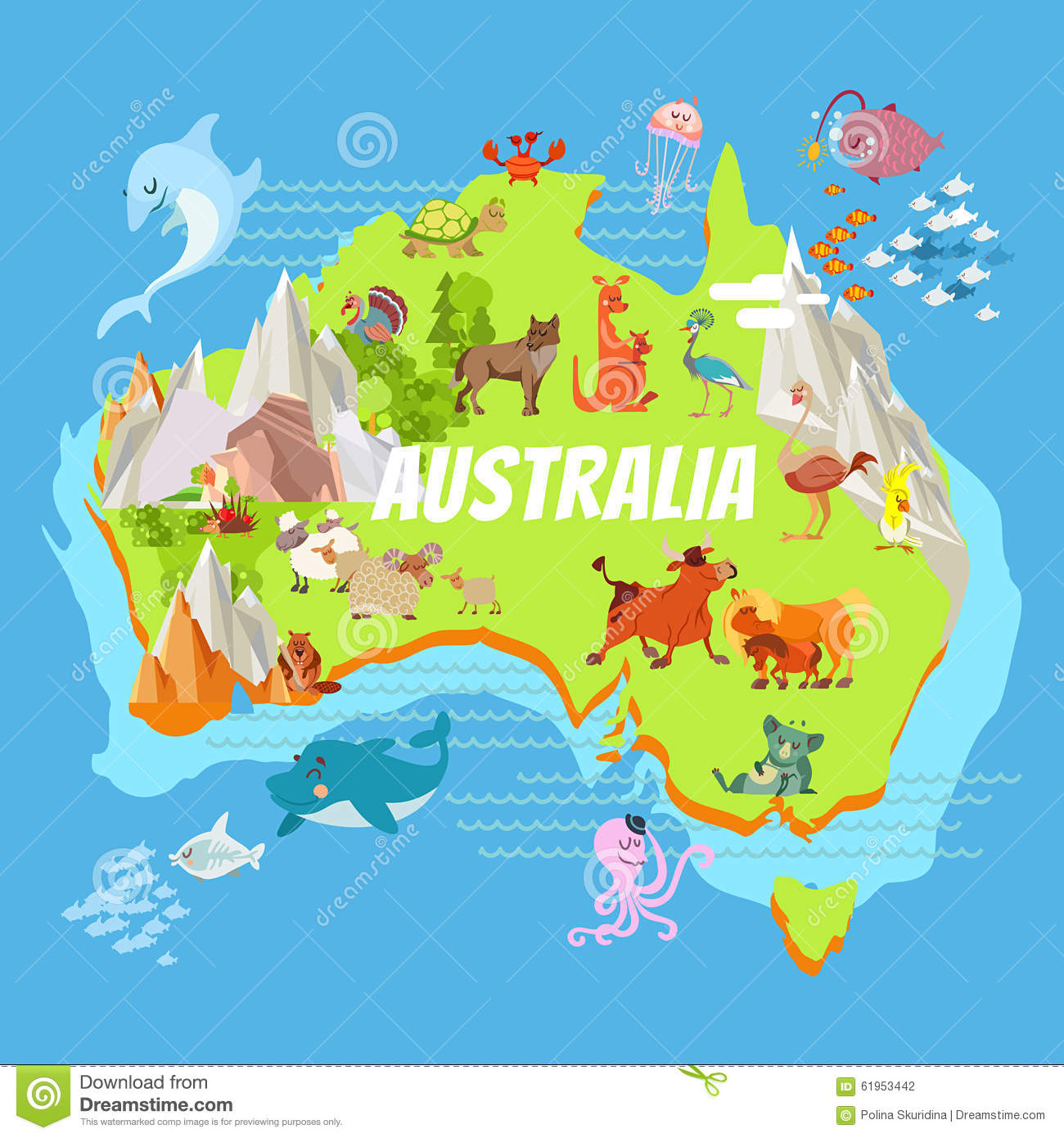 1300x1390 Cartoon Australia Map With Animals Stock Vector Illustration Of