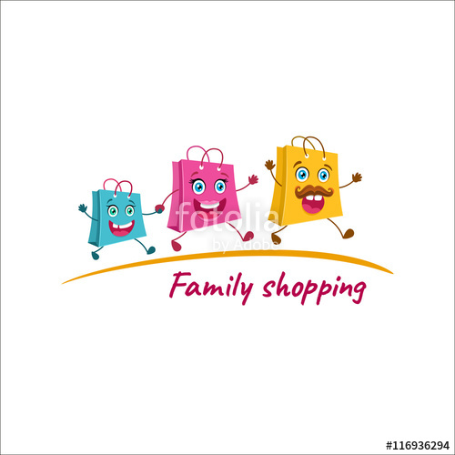 500x500 Family Shopping Logo. Happy Shopping Bags Family Running To The