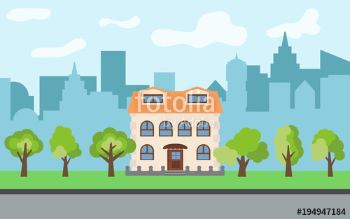 500x313 Vector City With Two Story Cartoon House And Green Trees In The