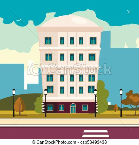 450x470 High Building On Street. Vector Illustration Flat Design.