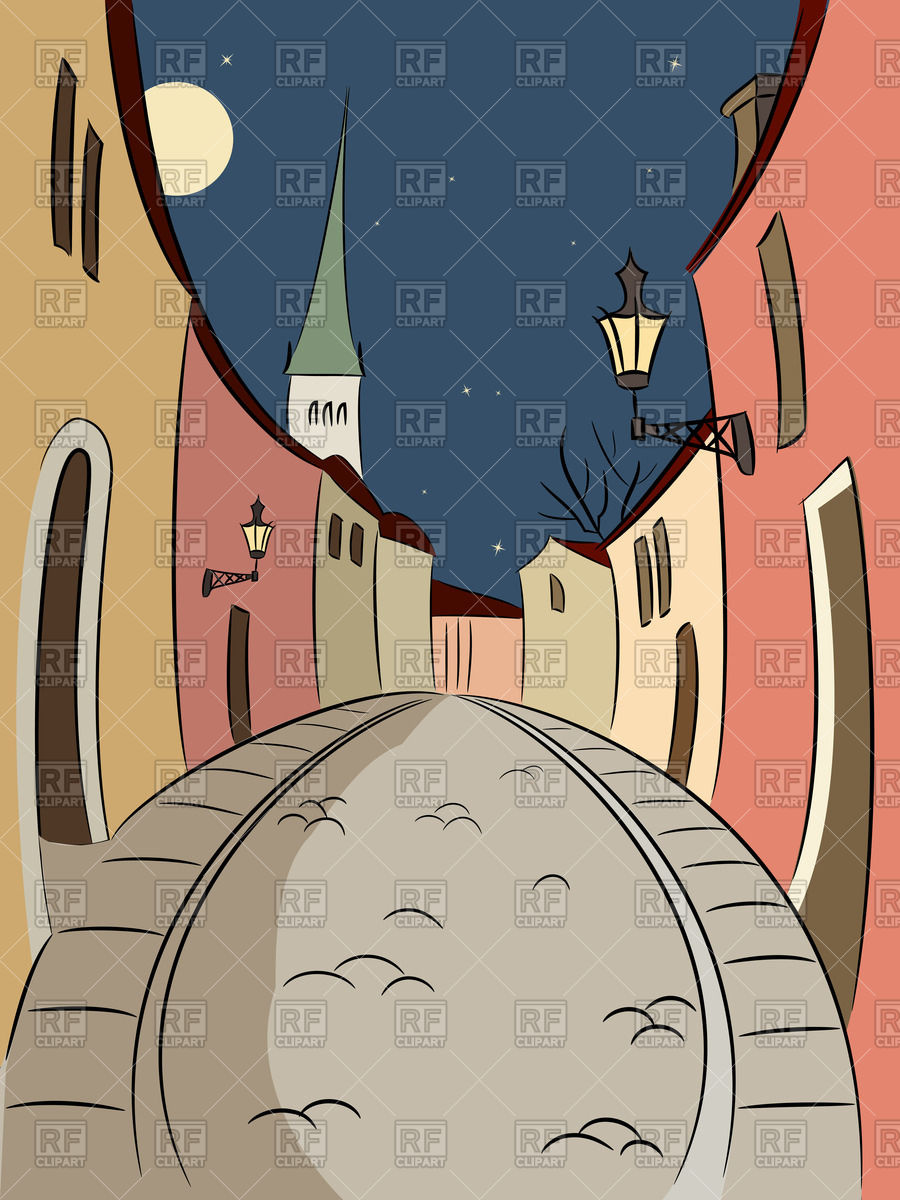 900x1200 Night Street Of Old Tallinn In Cartoon Style Vector Image Vector