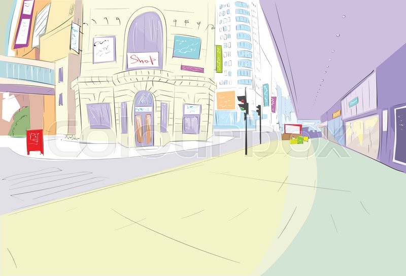 800x543 Street City View Draw Sketch Shops Colorful Buildings, Vector