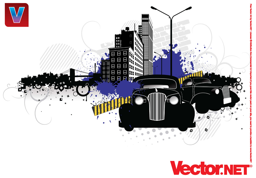850x590 City Street Vector Art With Vintage Cars